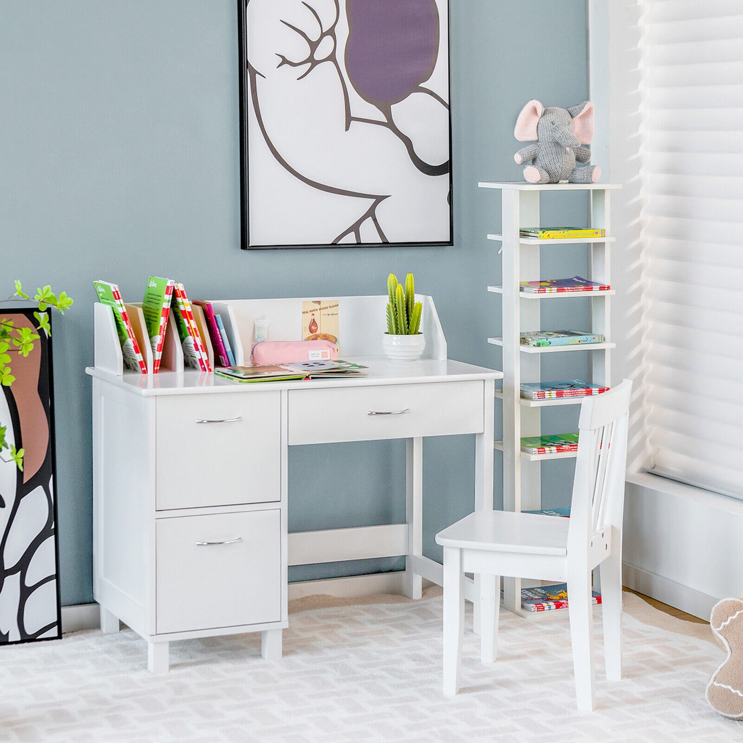 Kids Writing Desk and Chair Set with Storage Drawer