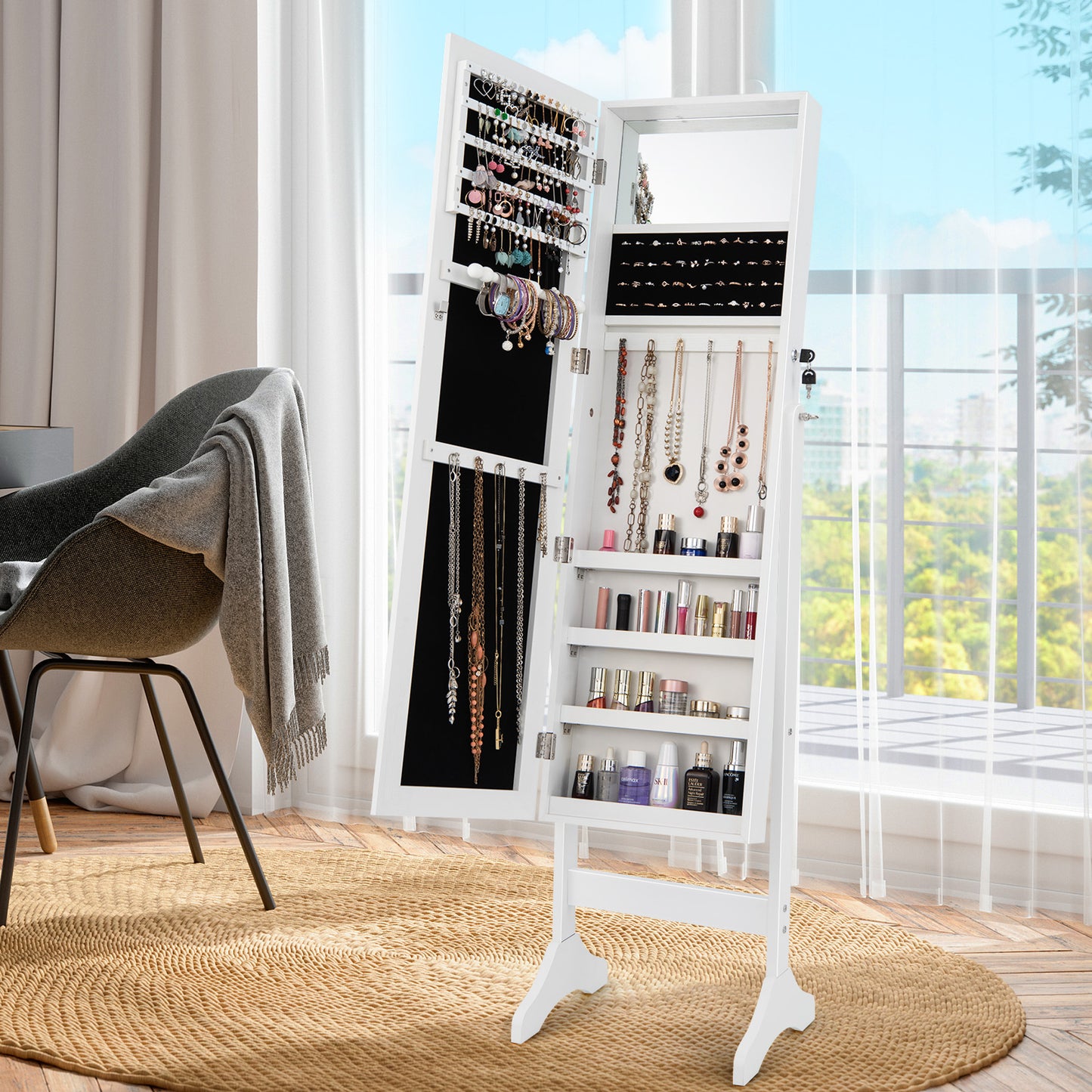 Standing Jewelry Cabinet with Full Length Mirror - White