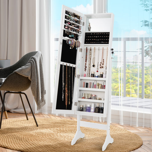 Standing Jewelry Cabinet with Full Length Mirror - White