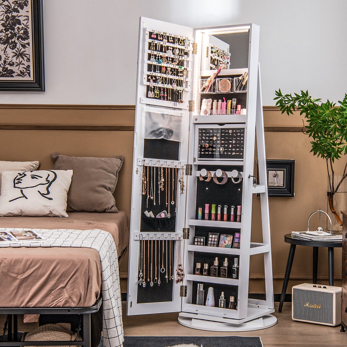 Rotating Mirrored Jewelry Armoire with LED Lighting