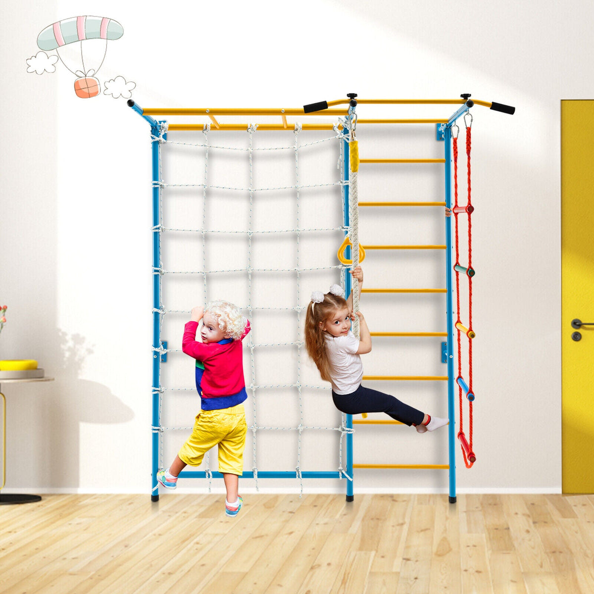 7 In 1 Kids Indoor Gym Playground Swedish Wall Ladder for Solid Wall-Yellow