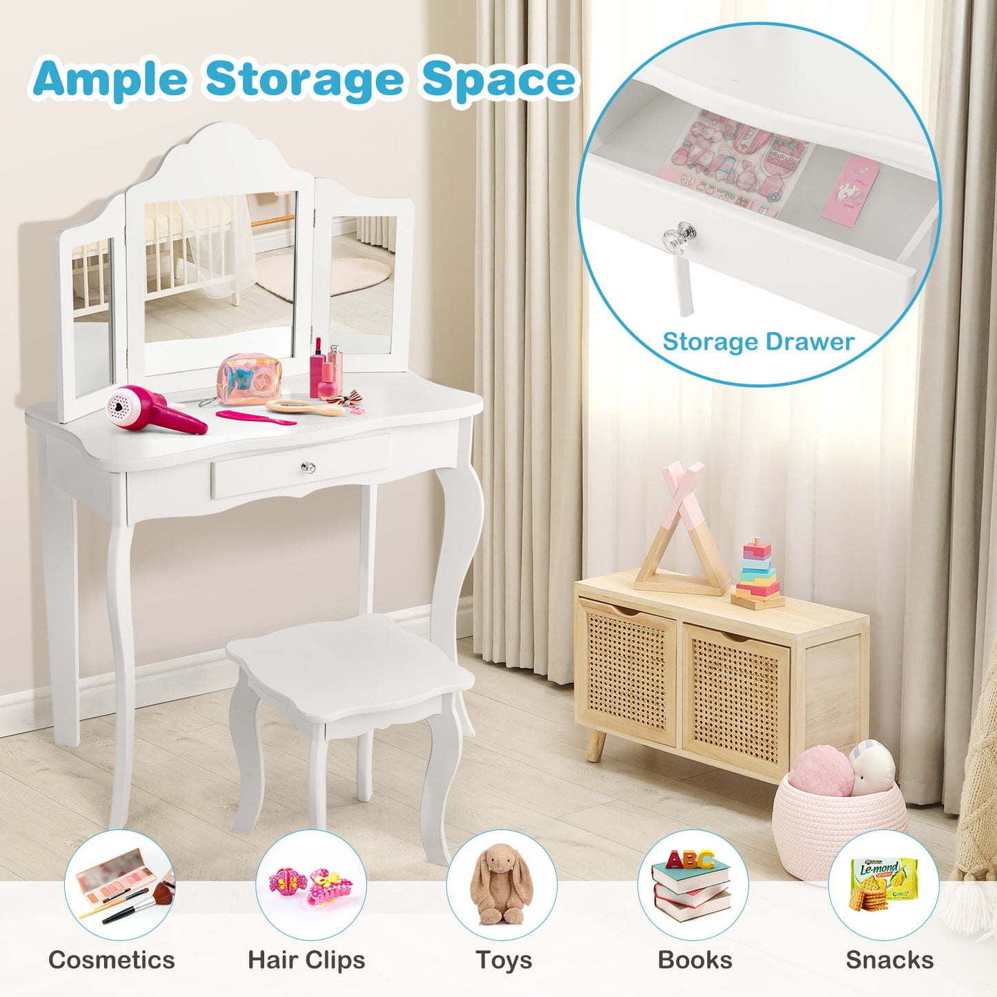 Kids Vanity Table and Stool Set with Mirror and Drawer