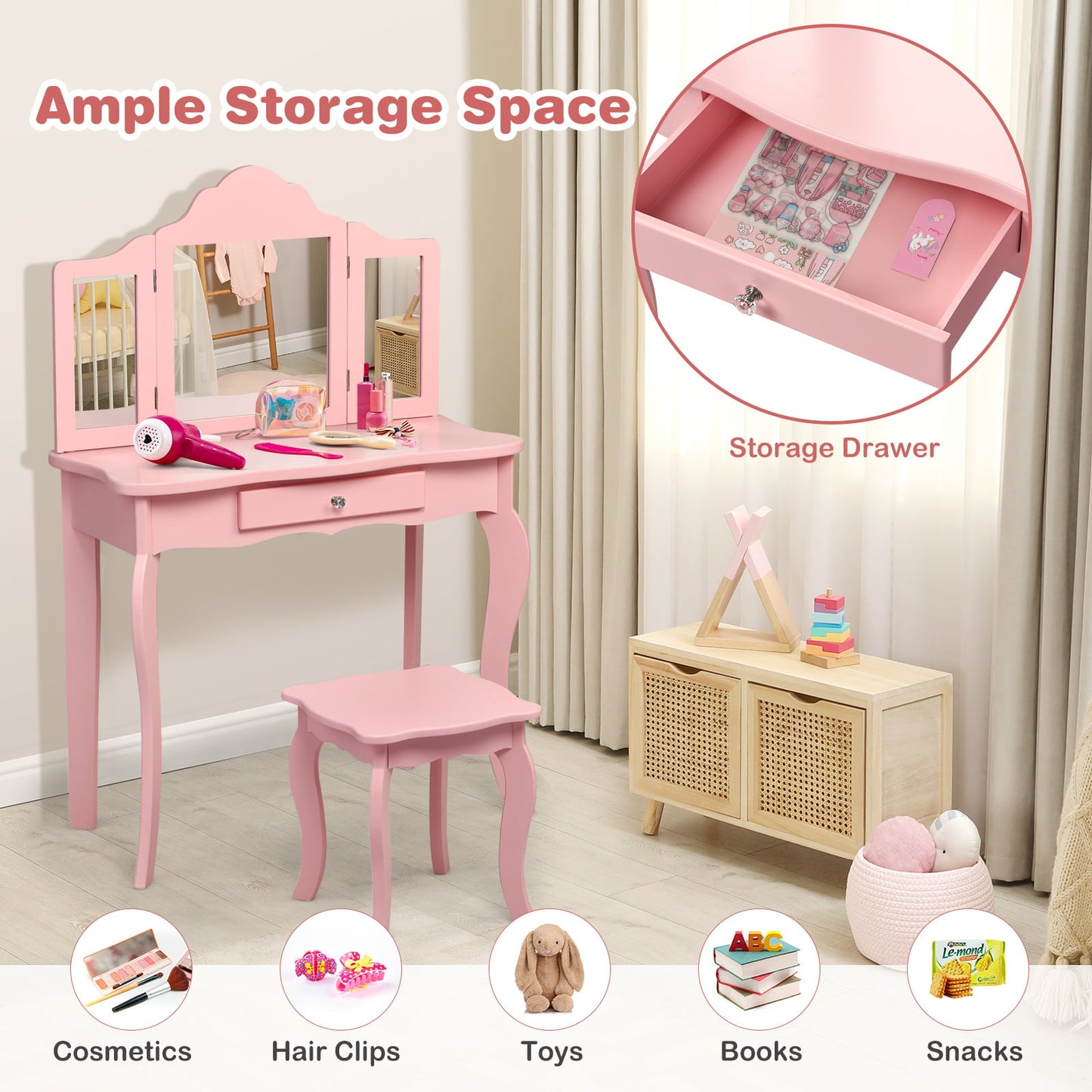 Kids Vanity Table and Stool Set with Mirror and Drawer