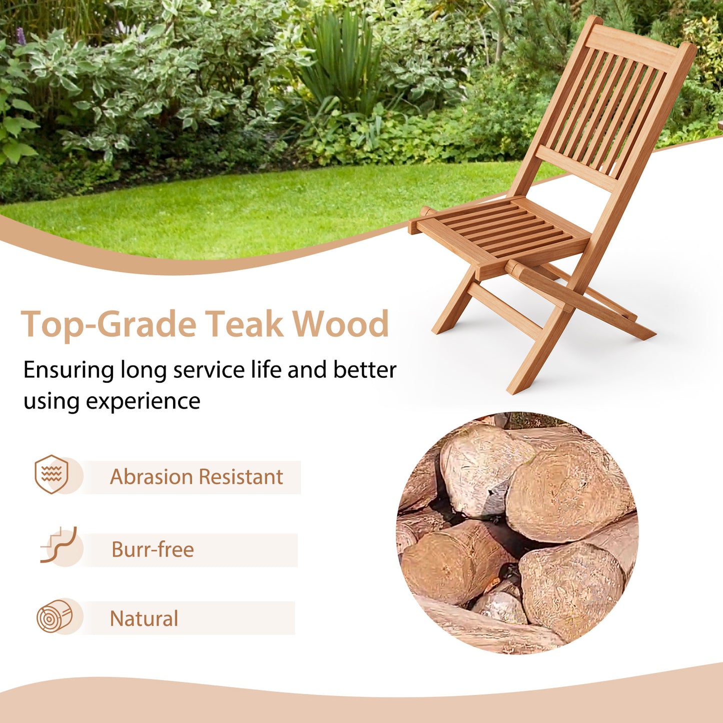 Teak Wood Folding Patio Dining Chair with Slatted Seat