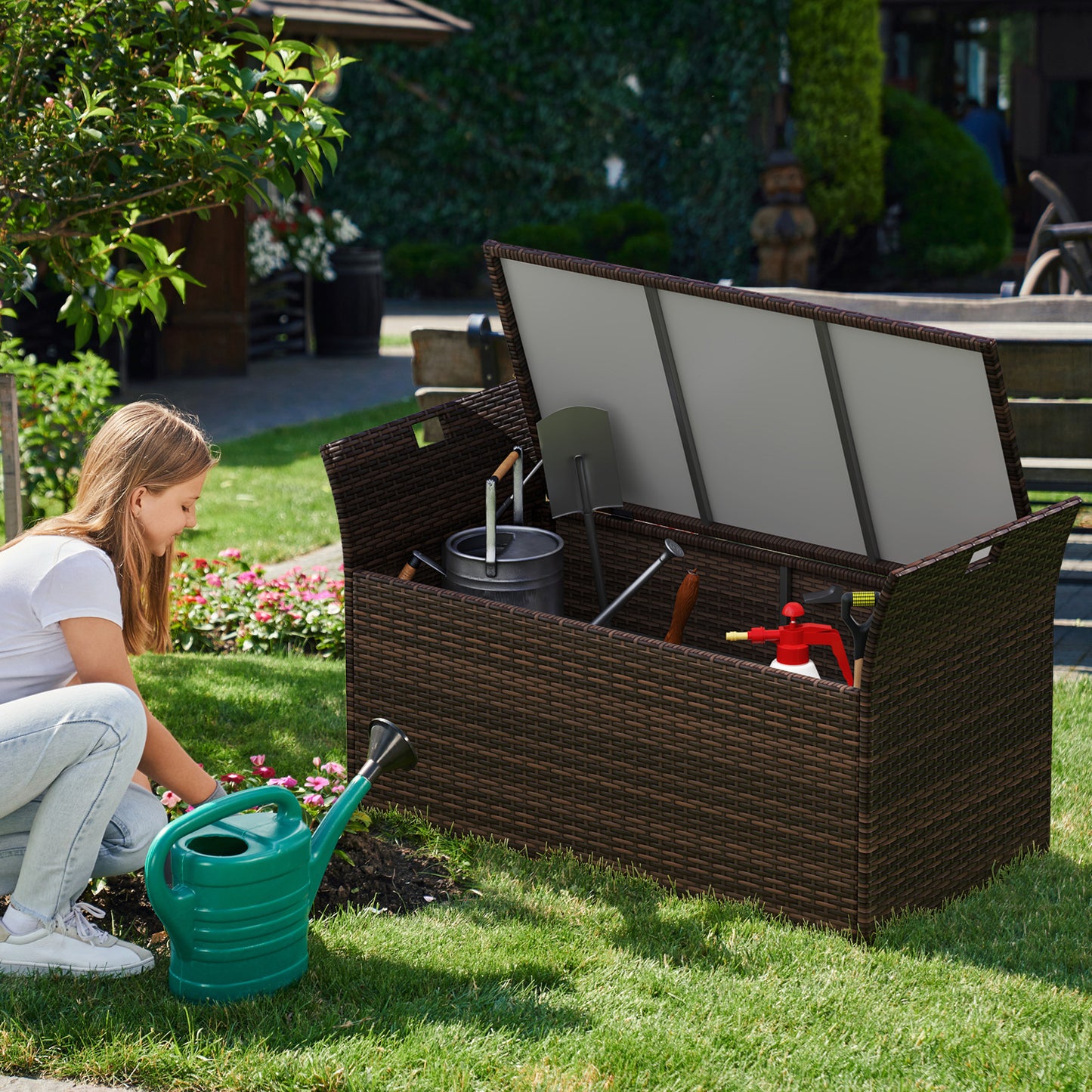 Outdoor Storage Bench with Hand-Woven PE Rattan Wicker