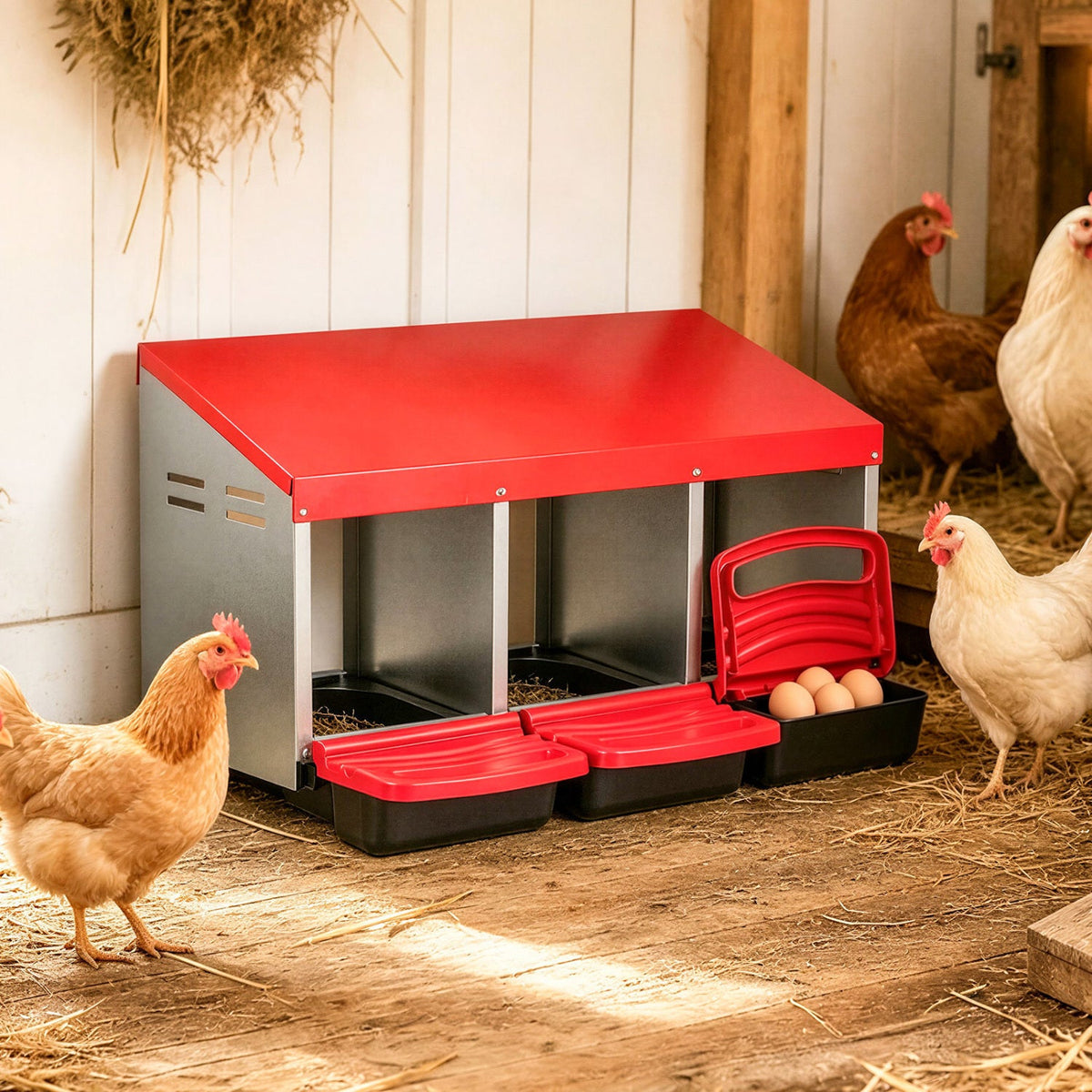 3-Compartment Roll Away Chicken Nesting Box with Removable Trays