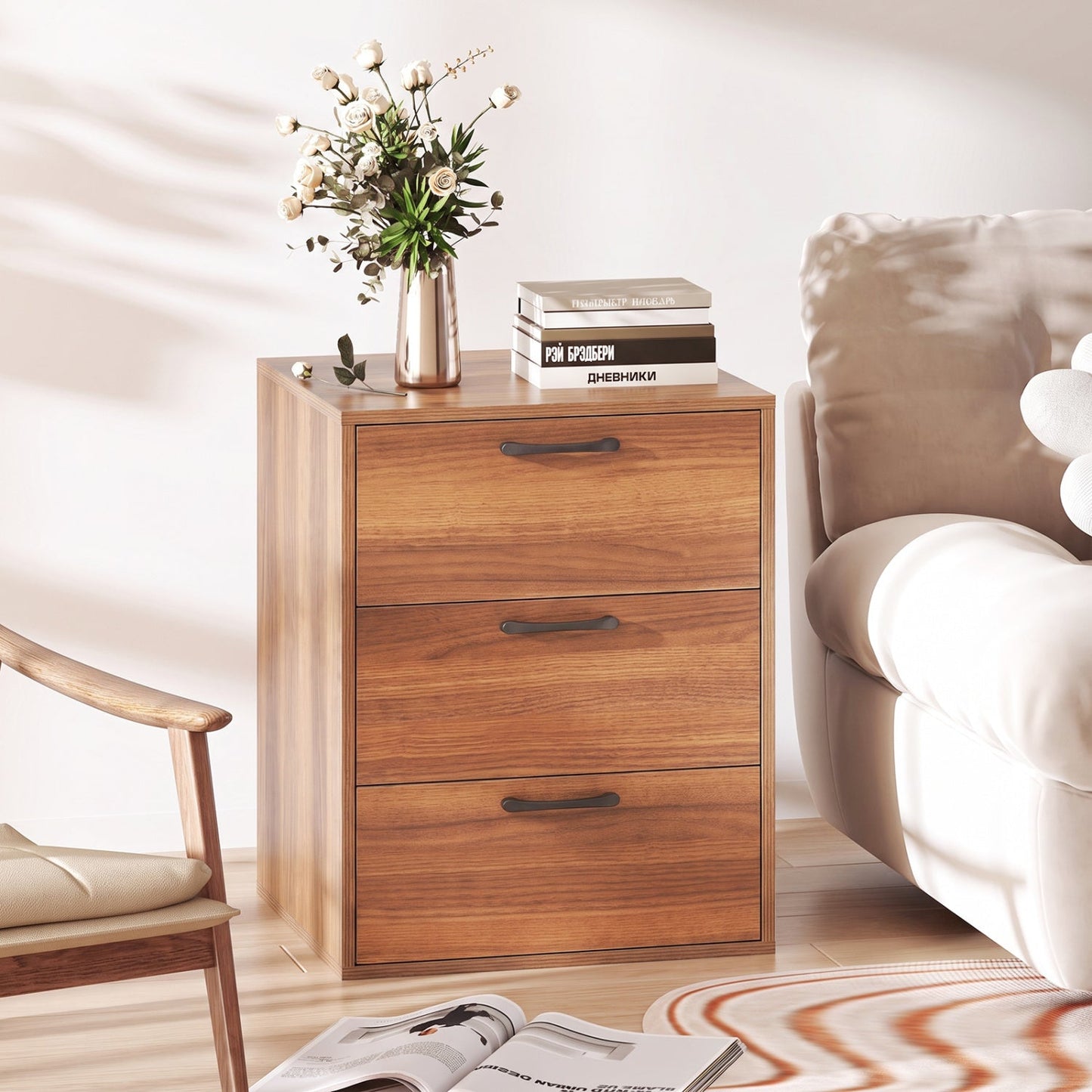 3-Drawer Nightstand with Wood Grain Finish