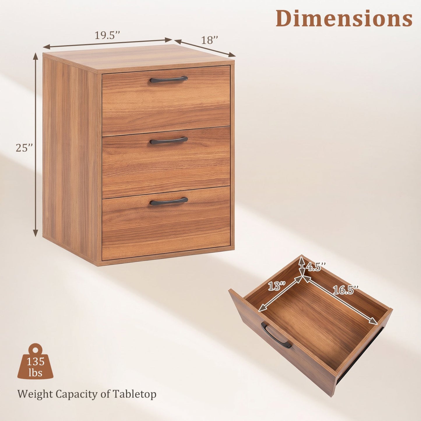 3-Drawer Nightstand with Wood Grain Finish