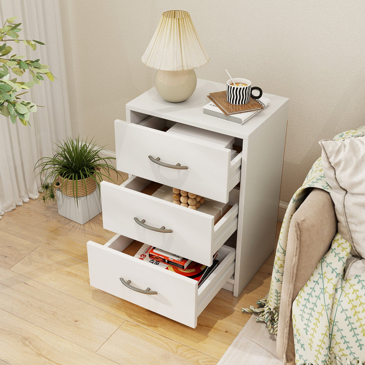 3 Drawer Nightstand with Storage for Living Room-White