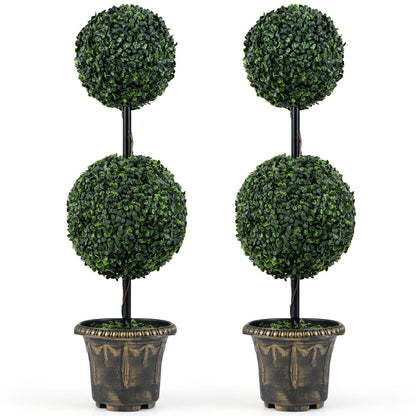 3 FT Artificial Boxwood Topiary Tree Double Ball Shrubs Set of 2