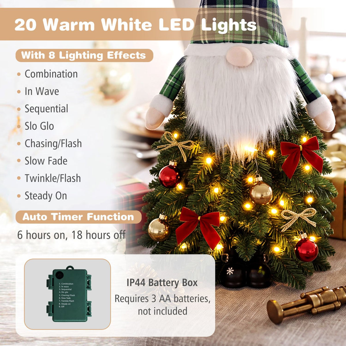 3 FT Pre-Lit Mini Tabletop Artificial Christmas Tree with 20 Warm White LED Lights and 8 Modes