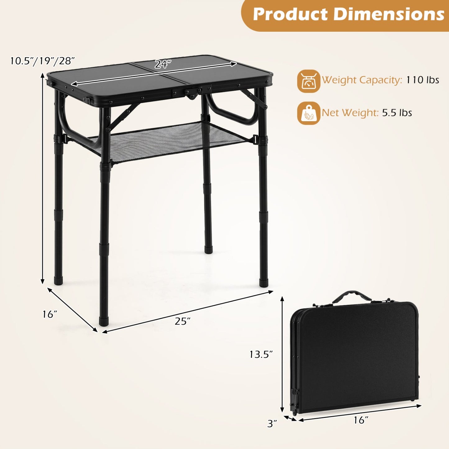 3-Height Folding Camping Table with Large Storage Net & Handle