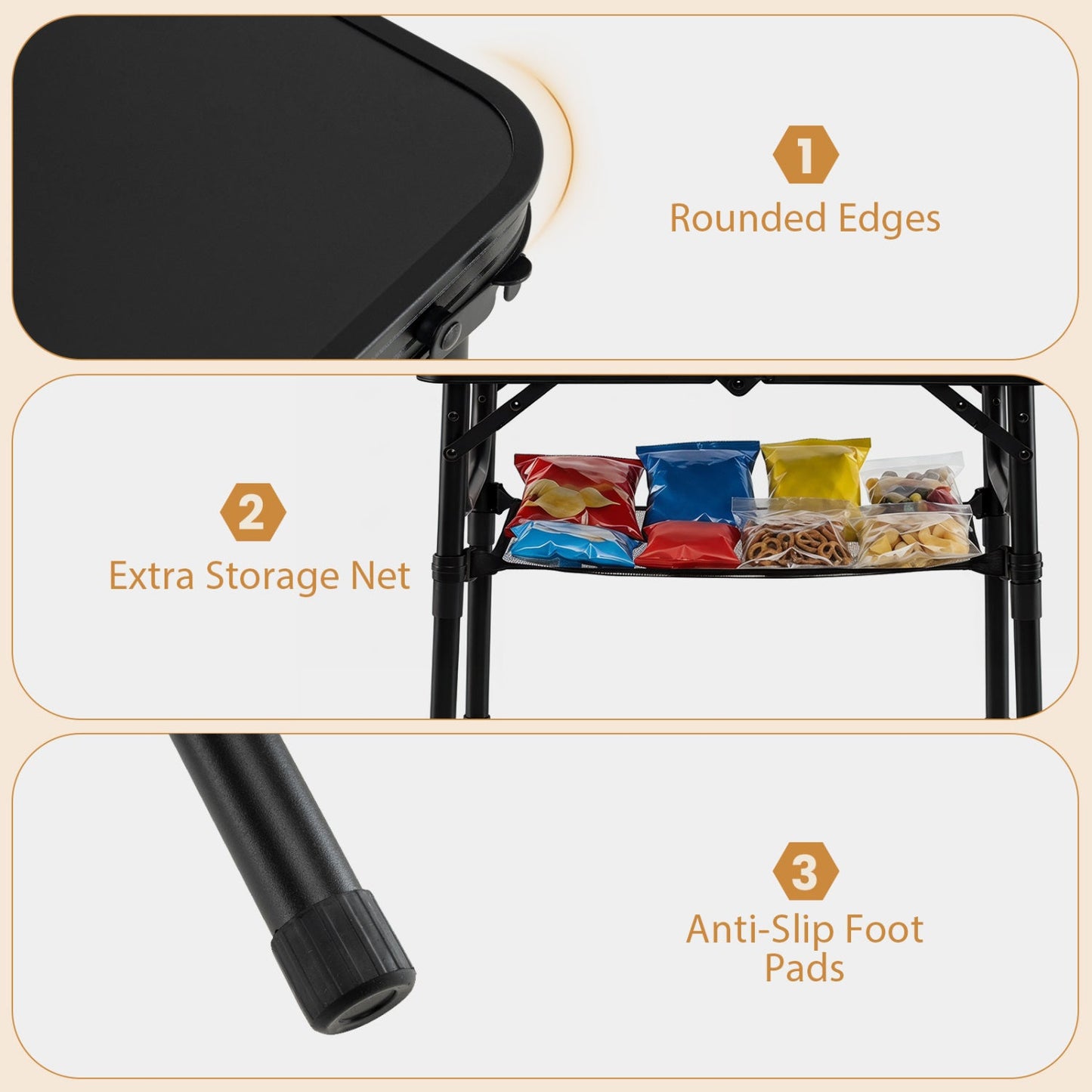 3-Height Folding Camping Table with Large Storage Net & Handle