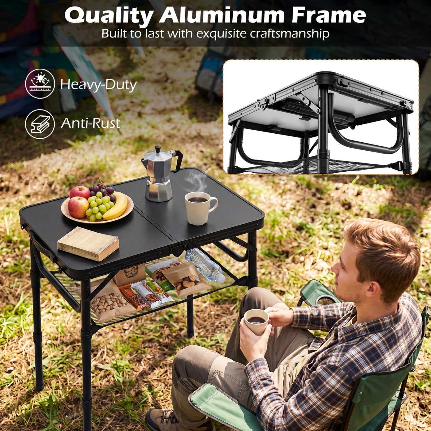 3-Height Folding Camping Table with Large Storage Net & Handle