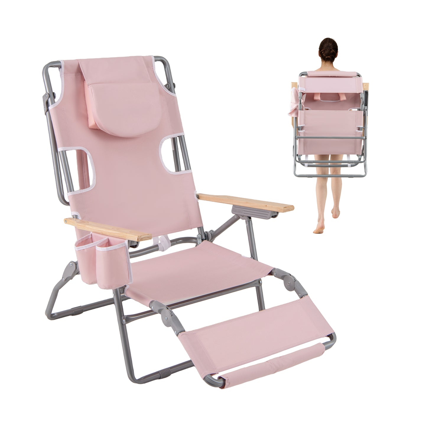 Foldable Beach Chair with Adjustable Backrest & Footrest