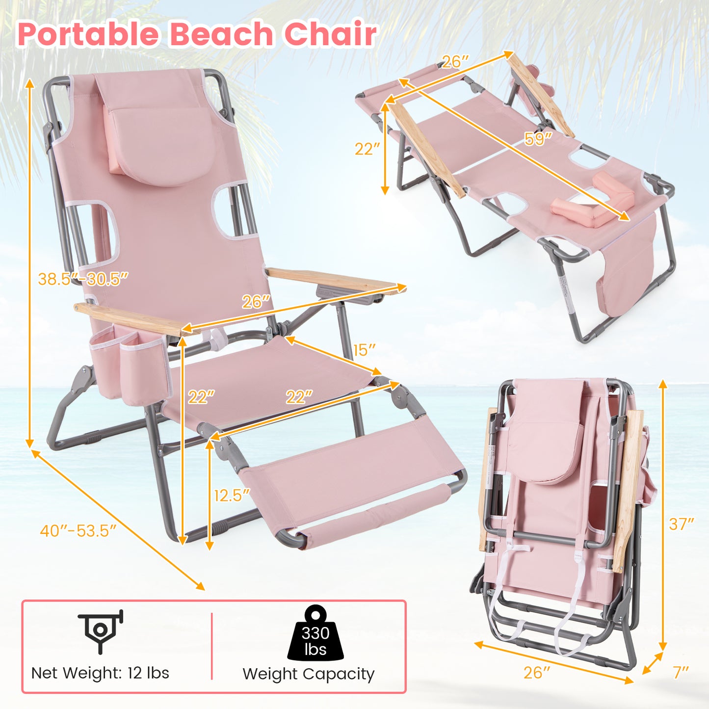 Foldable Beach Chair with Adjustable Backrest & Footrest
