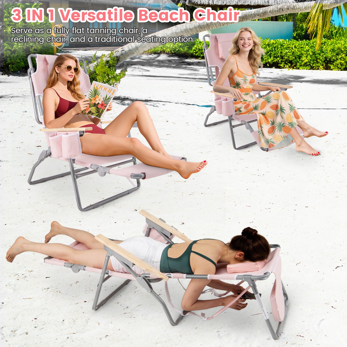 Foldable Beach Chair with Adjustable Backrest & Footrest