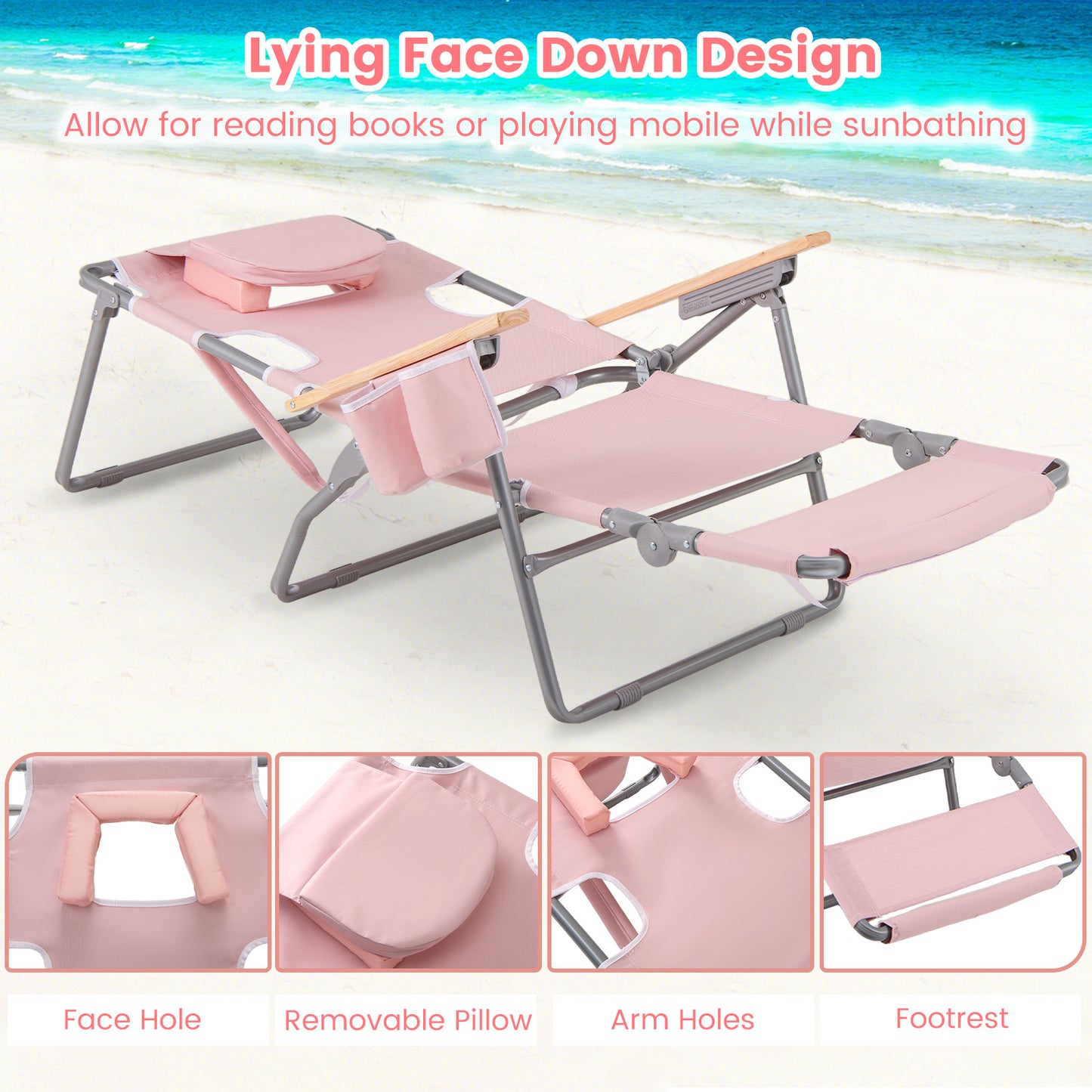 Foldable Beach Chair with Adjustable Backrest & Footrest