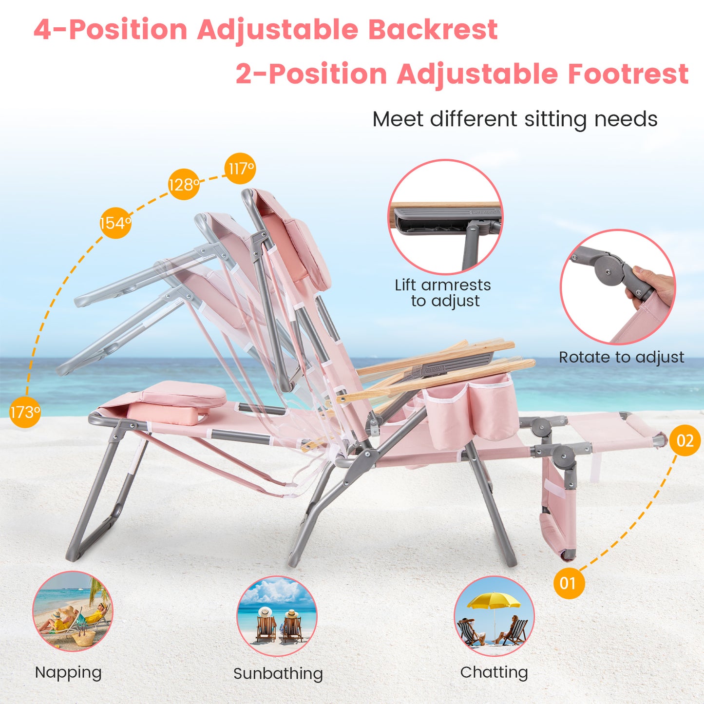 Foldable Beach Chair with Adjustable Backrest & Footrest