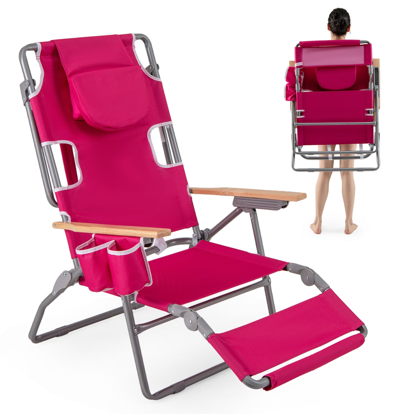 Foldable Beach Chair with Adjustable Backrest & Footrest