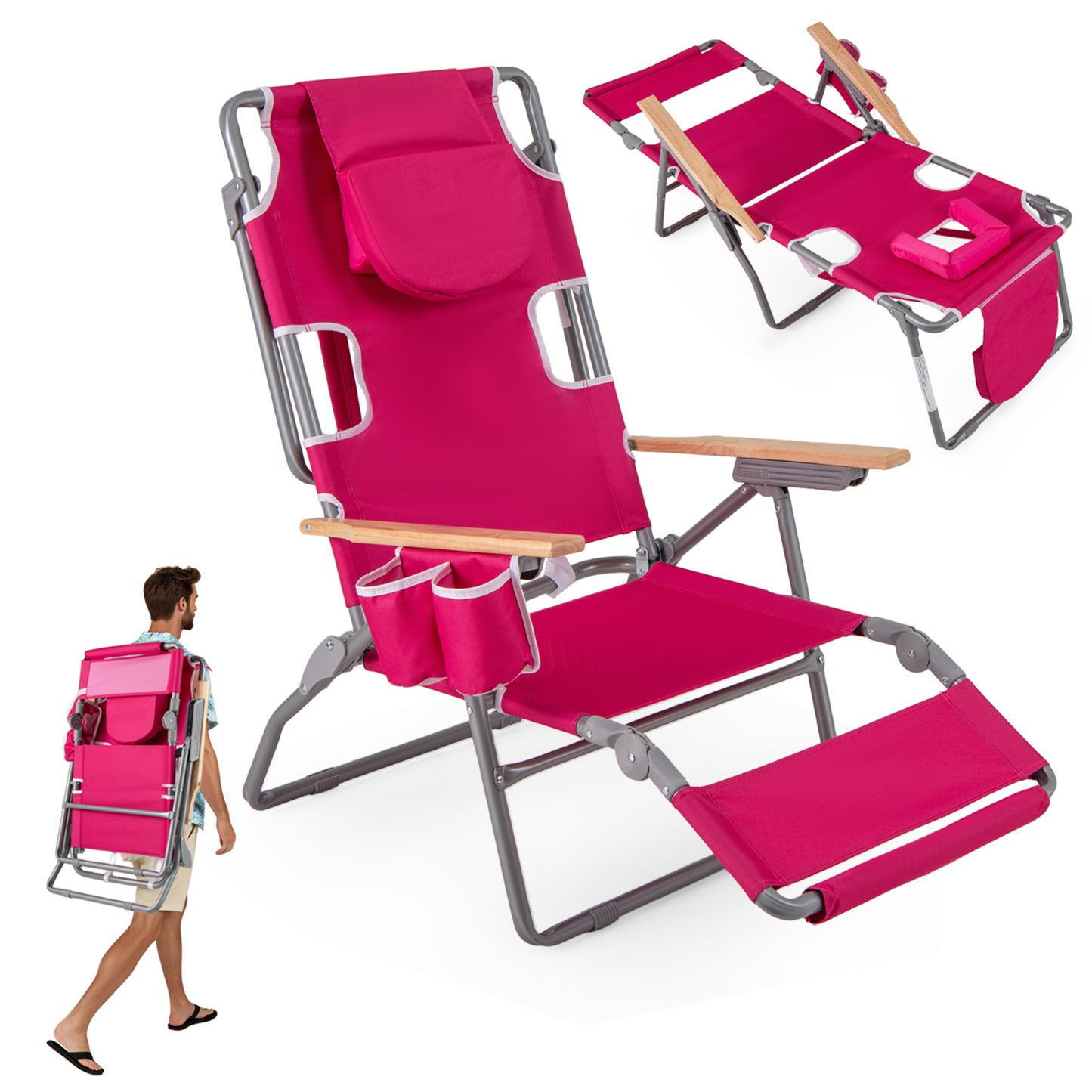 Foldable Beach Chair with Adjustable Backrest & Footrest