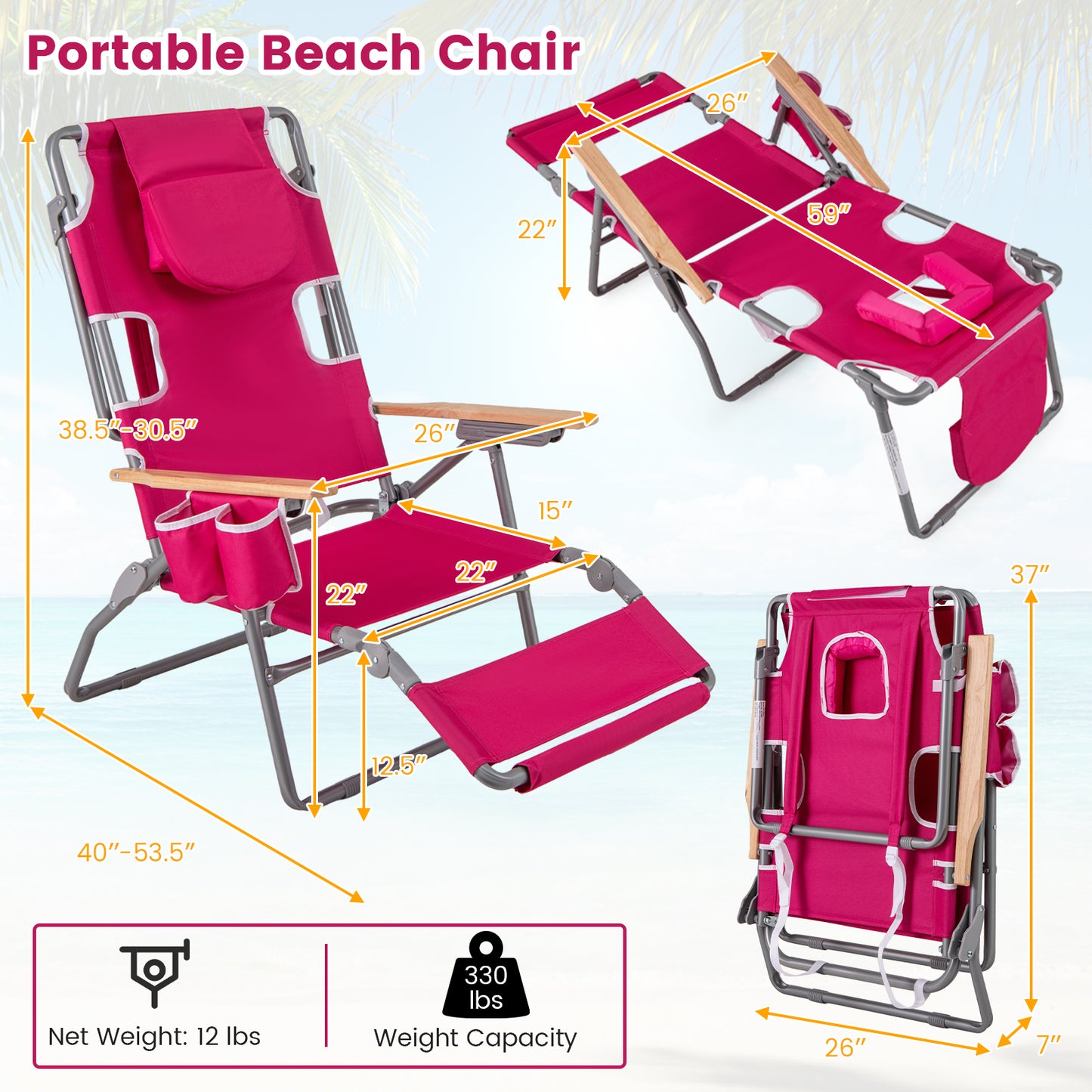 Foldable Beach Chair with Adjustable Backrest & Footrest