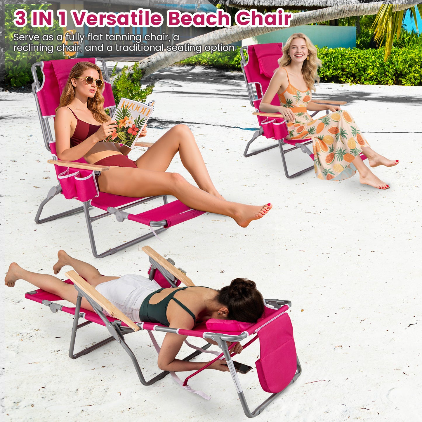 Foldable Beach Chair with Adjustable Backrest & Footrest