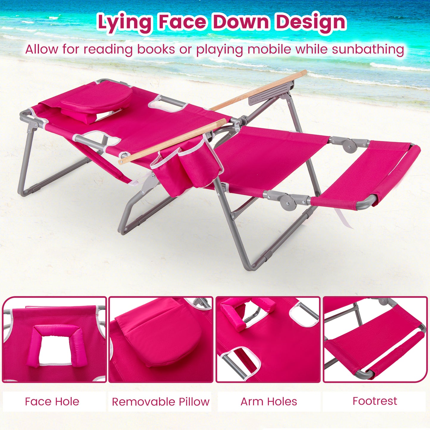 Foldable Beach Chair with Adjustable Backrest & Footrest