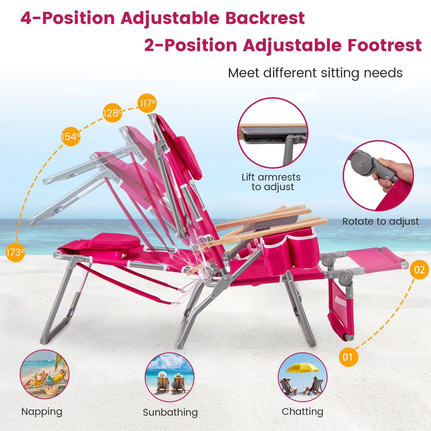 Foldable Beach Chair with Adjustable Backrest & Footrest