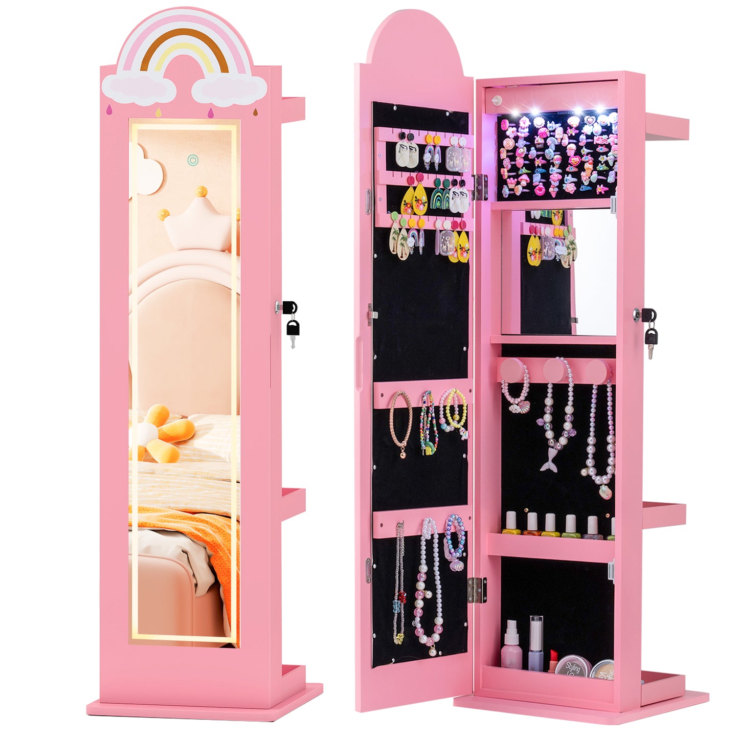 Kids Jewelry Cabinet with 3-Color Lighted Mirror & Storage