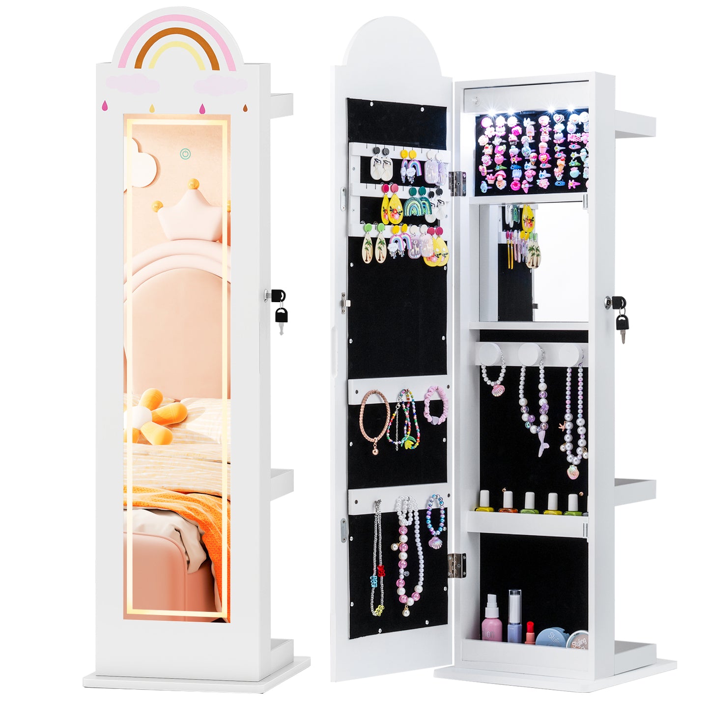 Kids Jewelry Cabinet with 3-Color Lighted Mirror & Storage