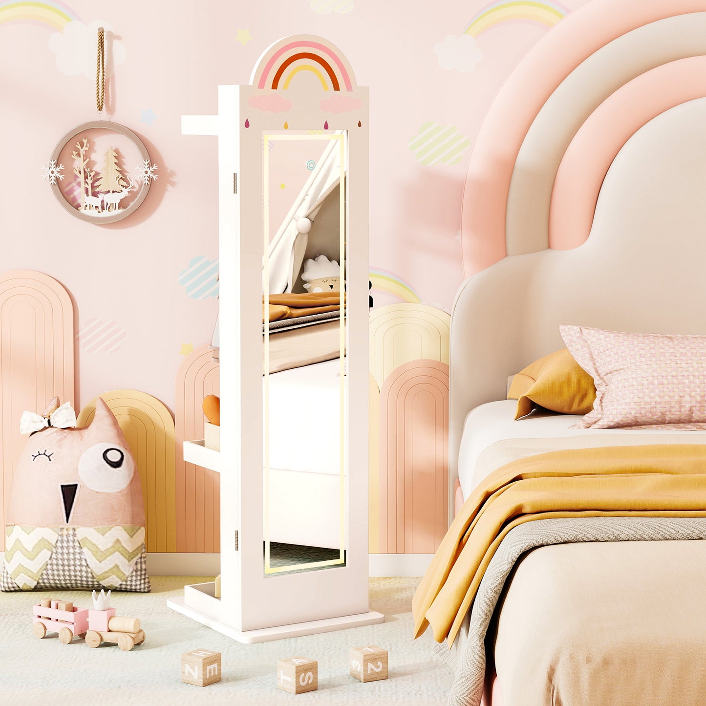 Kids Jewelry Cabinet with 3-Color Lighted Mirror & Storage