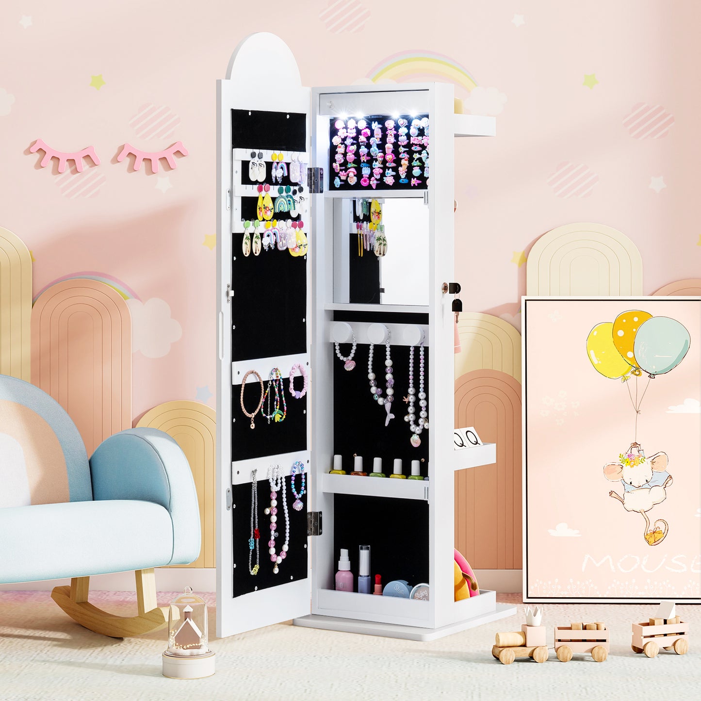 Kids Jewelry Cabinet with 3-Color Lighted Mirror & Storage