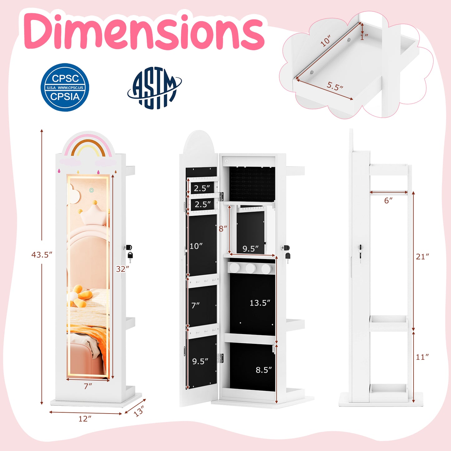 Kids Jewelry Cabinet with 3-Color Lighted Mirror & Storage