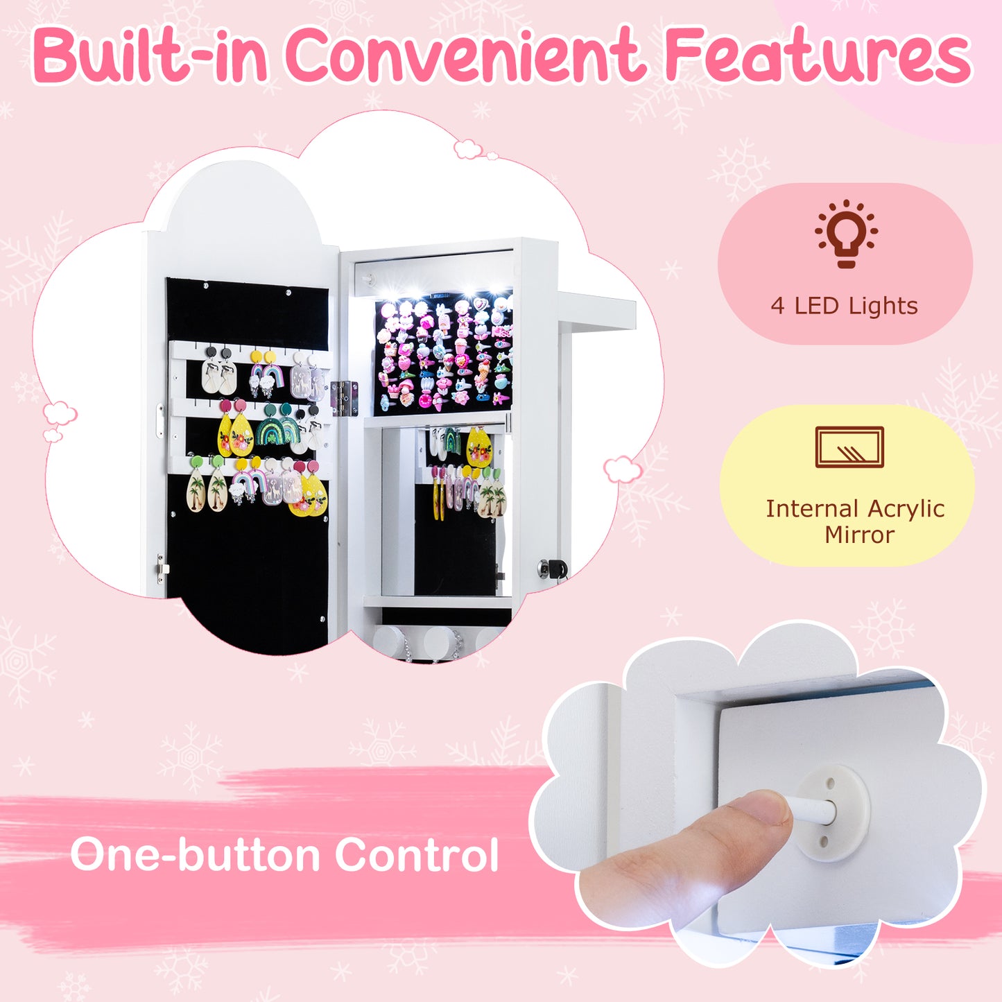 Kids Jewelry Cabinet with 3-Color Lighted Mirror & Storage