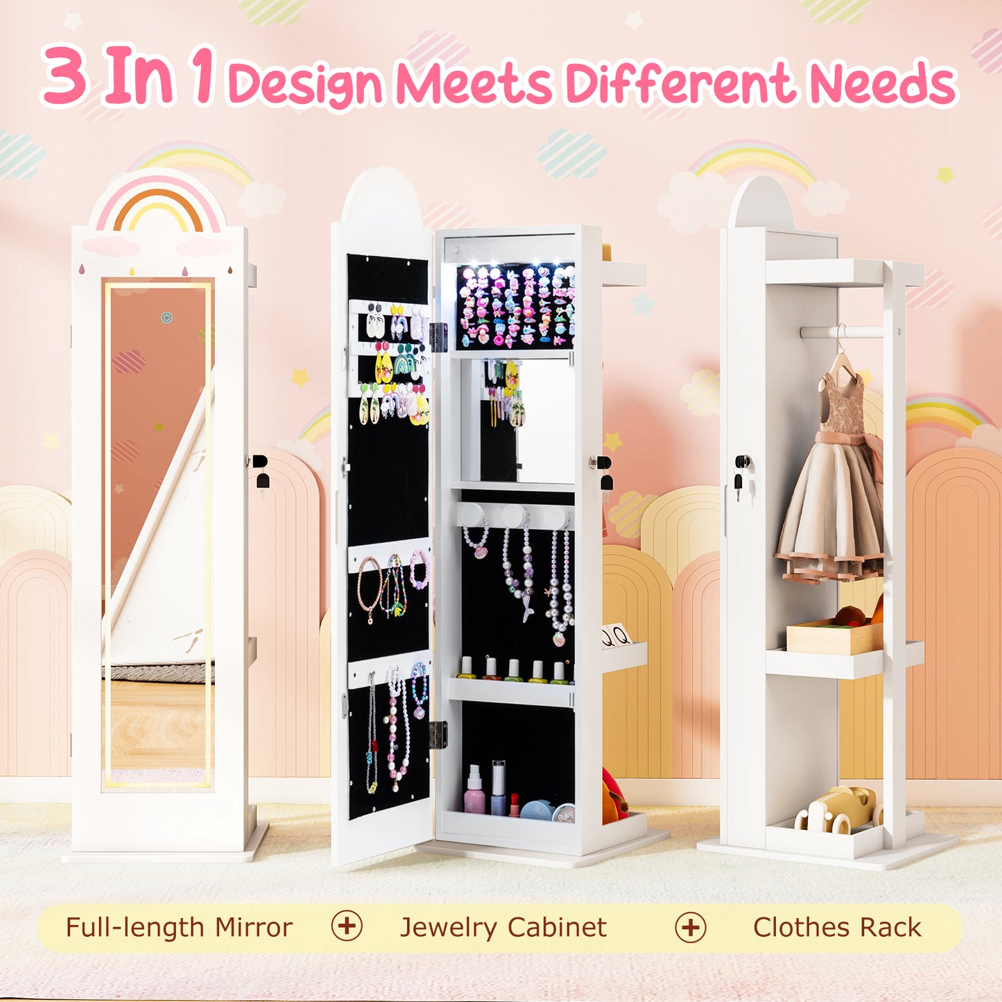 Kids Jewelry Cabinet with 3-Color Lighted Mirror & Storage