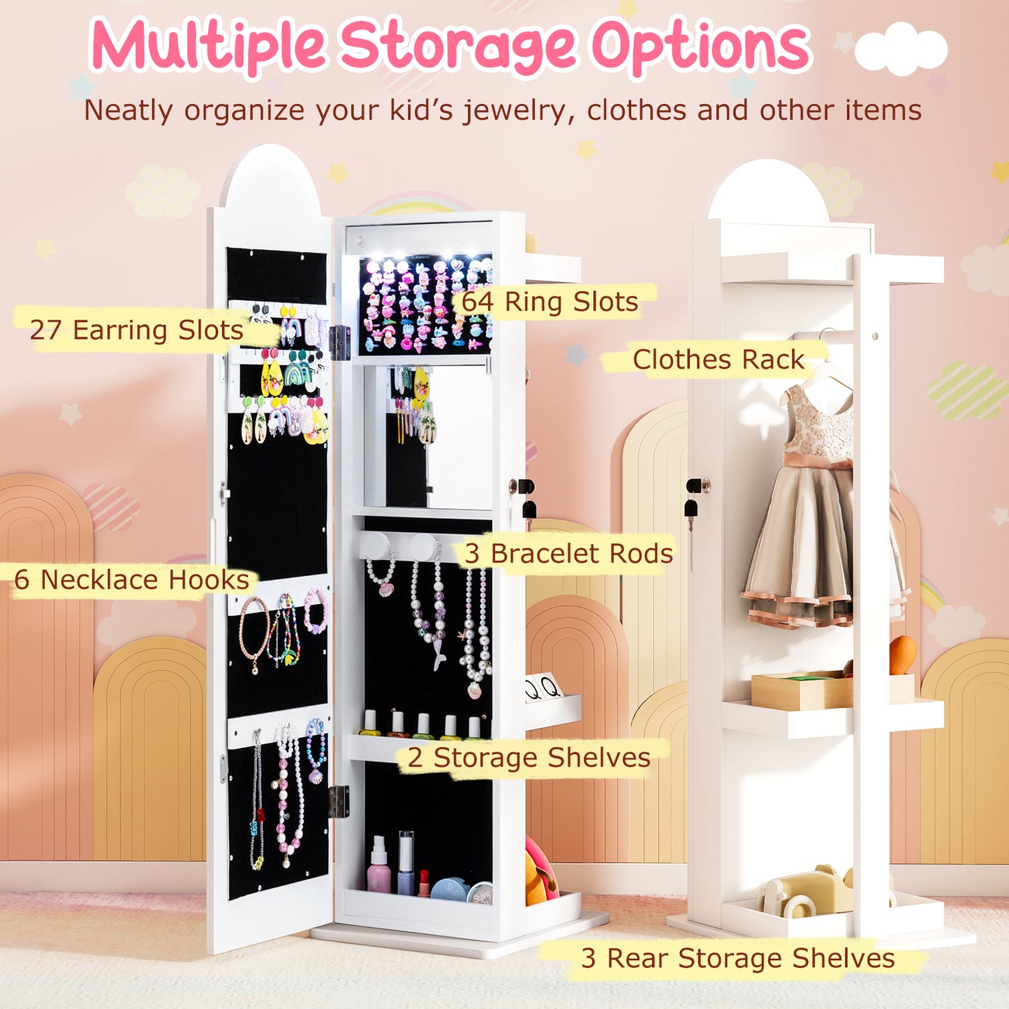Kids Jewelry Cabinet with 3-Color Lighted Mirror & Storage