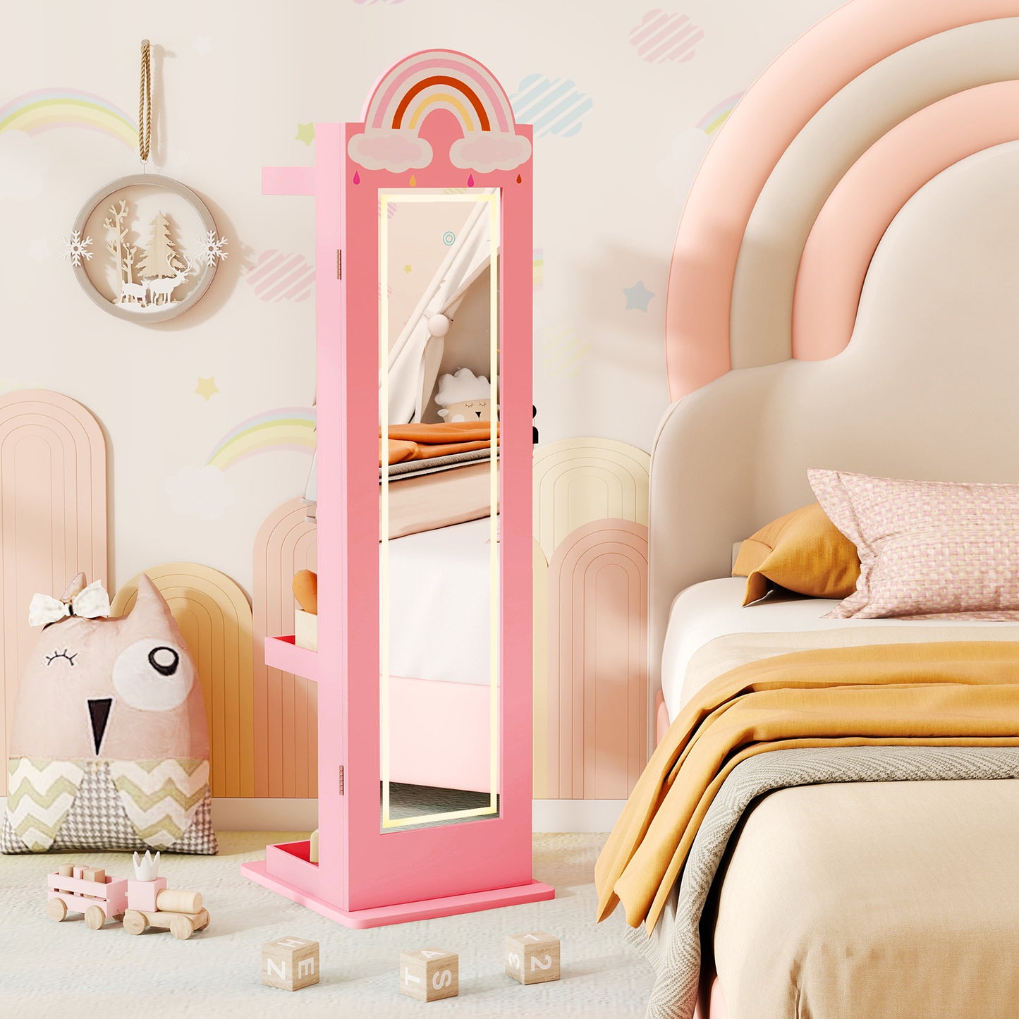Kids Jewelry Cabinet with 3-Color Lighted Mirror & Storage
