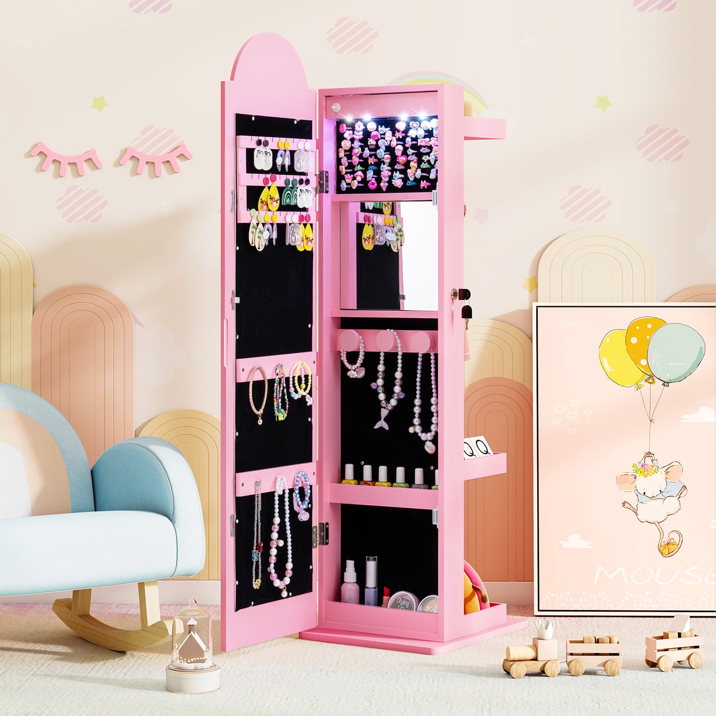 Kids Jewelry Cabinet with 3-Color Lighted Mirror & Storage