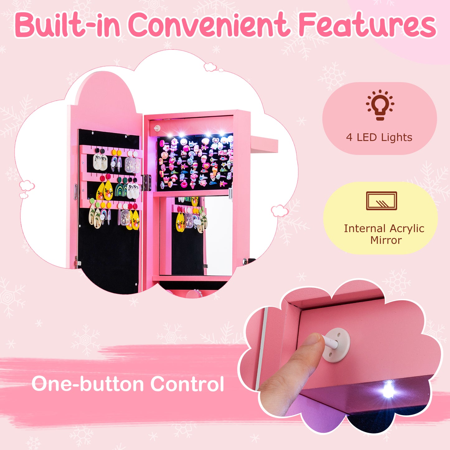 Kids Jewelry Cabinet with 3-Color Lighted Mirror & Storage
