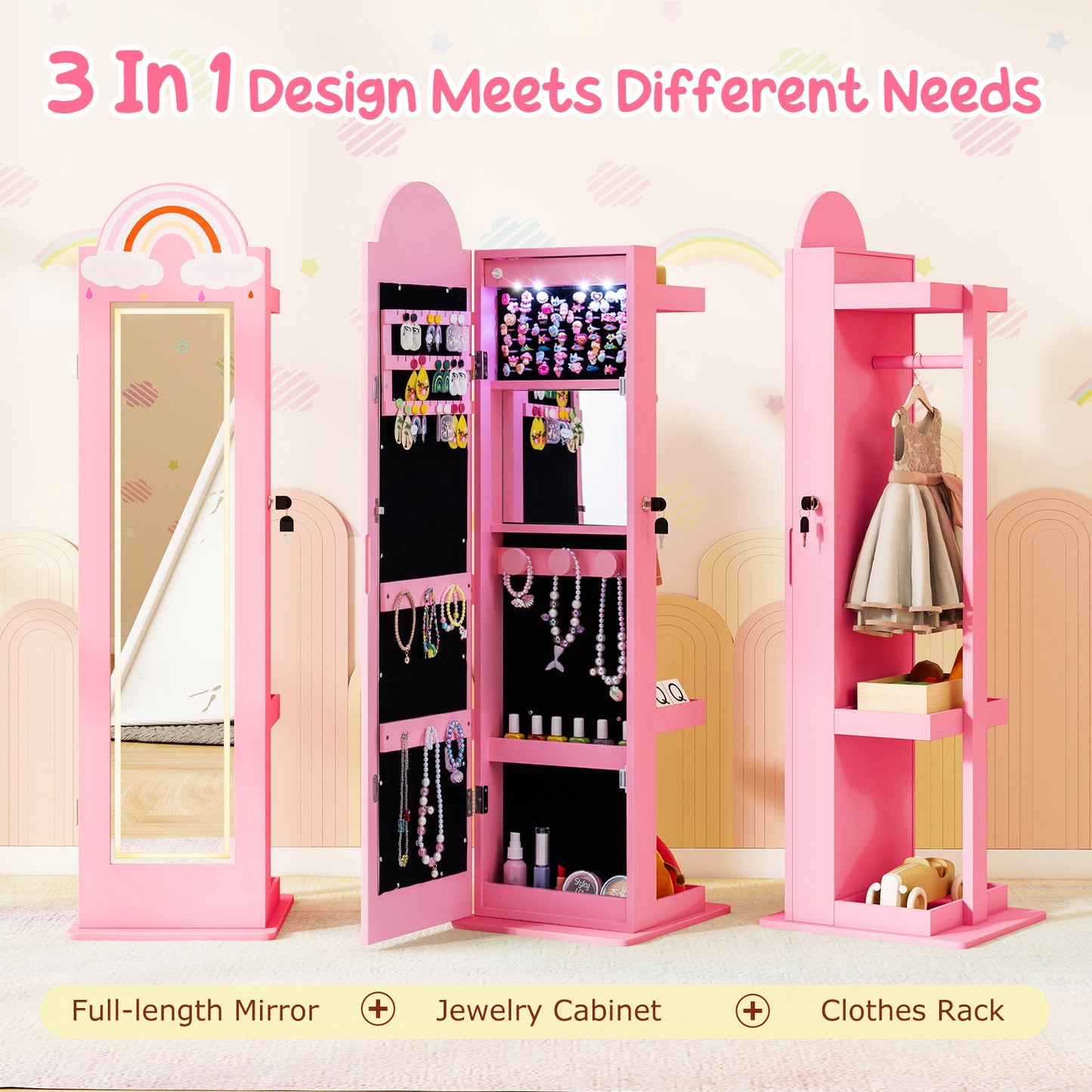 Kids Jewelry Cabinet with 3-Color Lighted Mirror & Storage