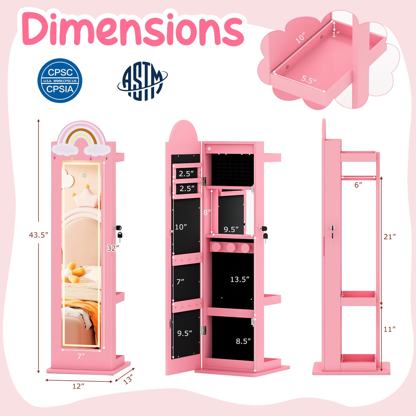 Kids Jewelry Cabinet with 3-Color Lighted Mirror & Storage