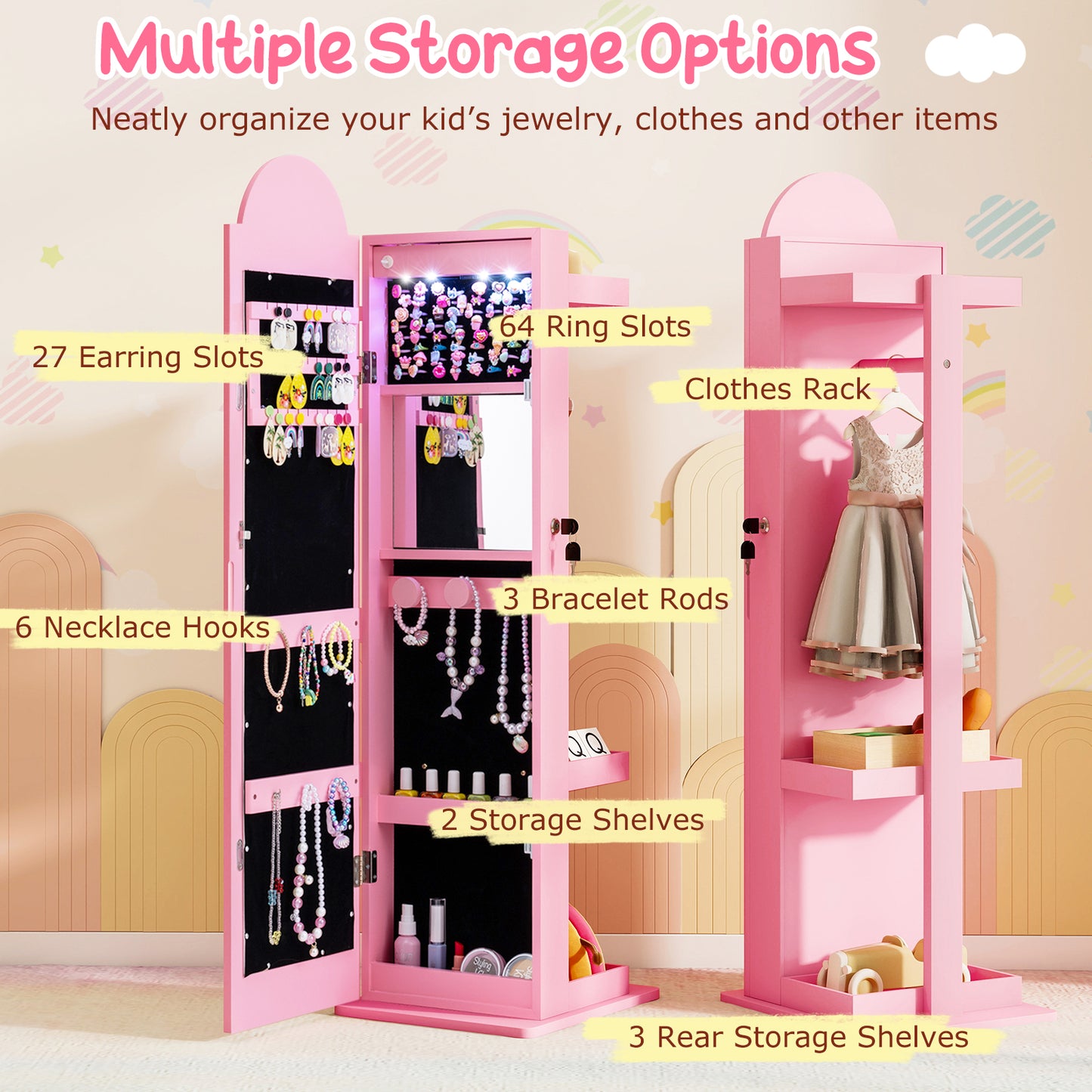 Kids Jewelry Cabinet with 3-Color Lighted Mirror & Storage