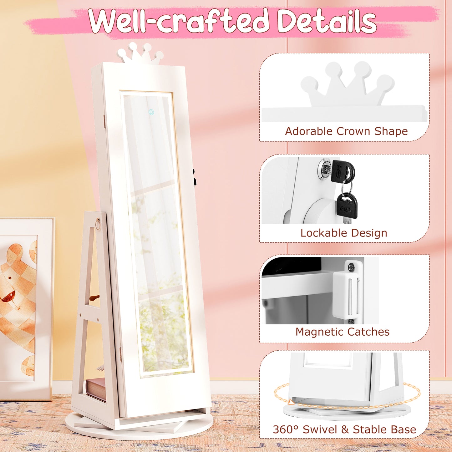 Kids Jewelry Cabinet with Lighted Full Length Mirror