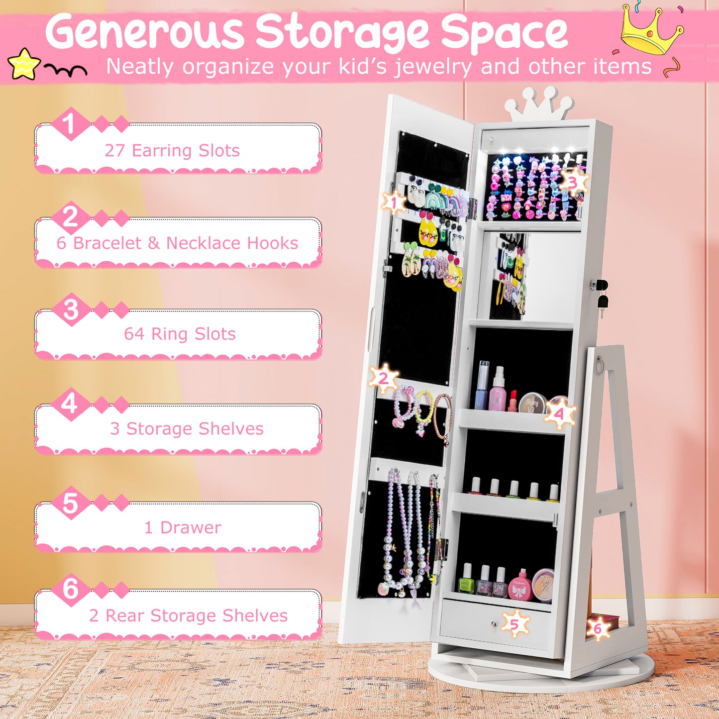 Kids Jewelry Cabinet with Lighted Full Length Mirror