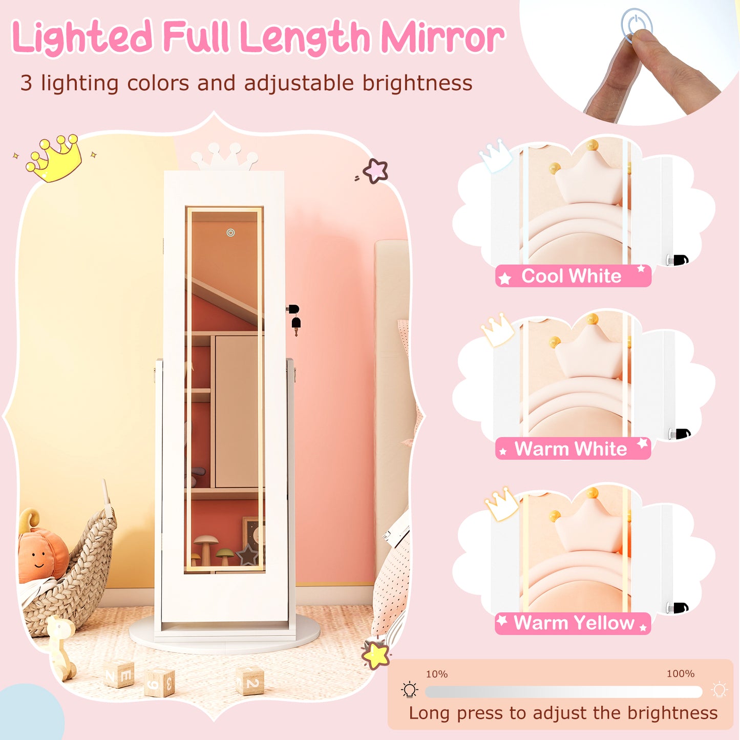 Kids Jewelry Cabinet with Lighted Full Length Mirror