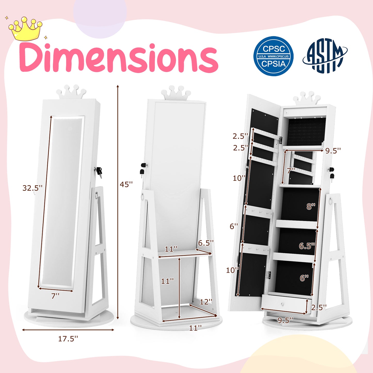 Kids Jewelry Cabinet with Lighted Full Length Mirror
