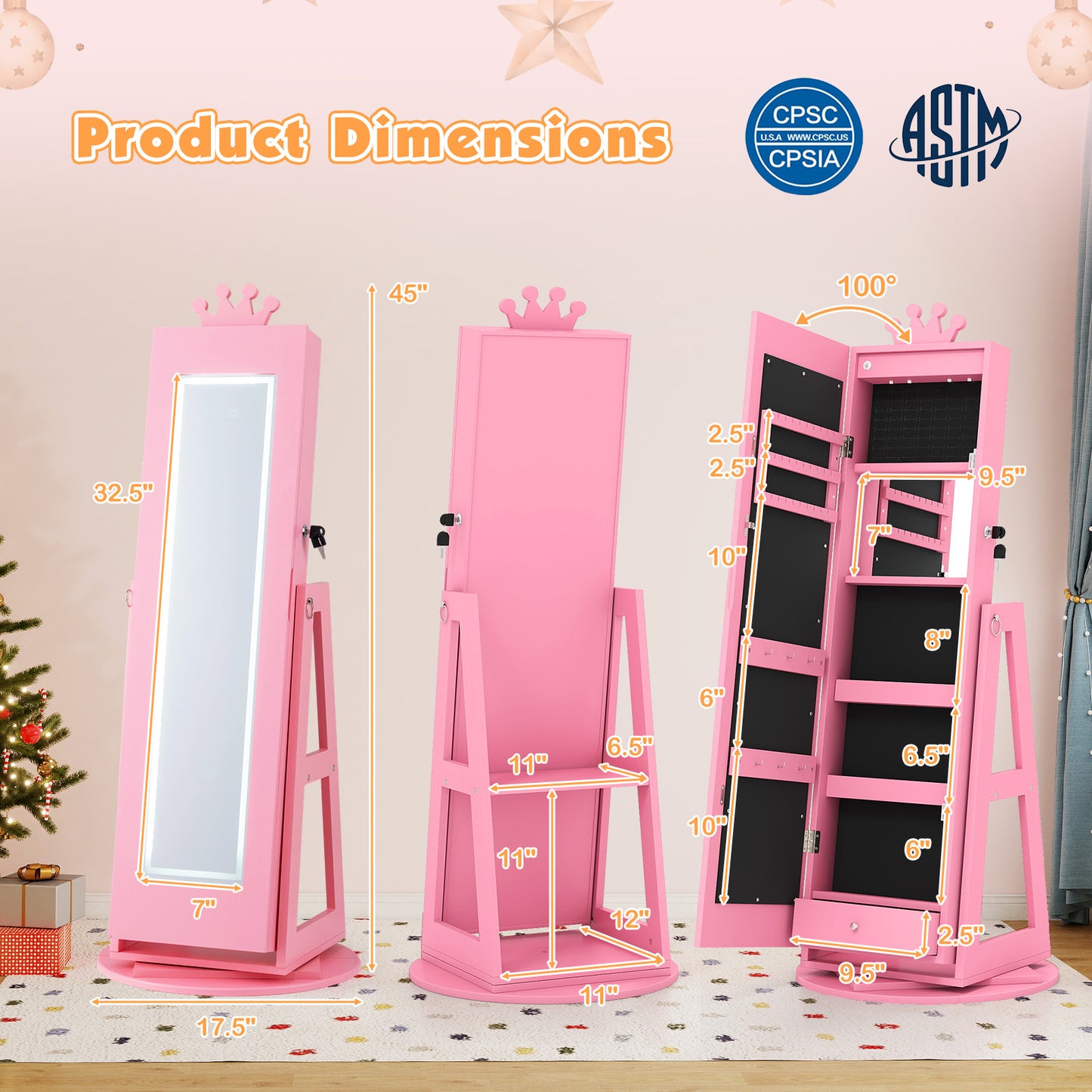 Kids Jewelry Cabinet with Lighted Full Length Mirror