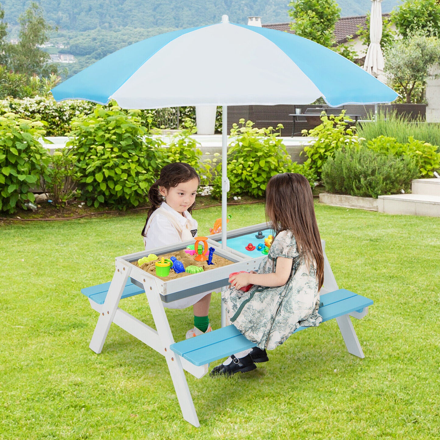 Kids Outdoor Picnic Table with Umbrella and Sand Water Play