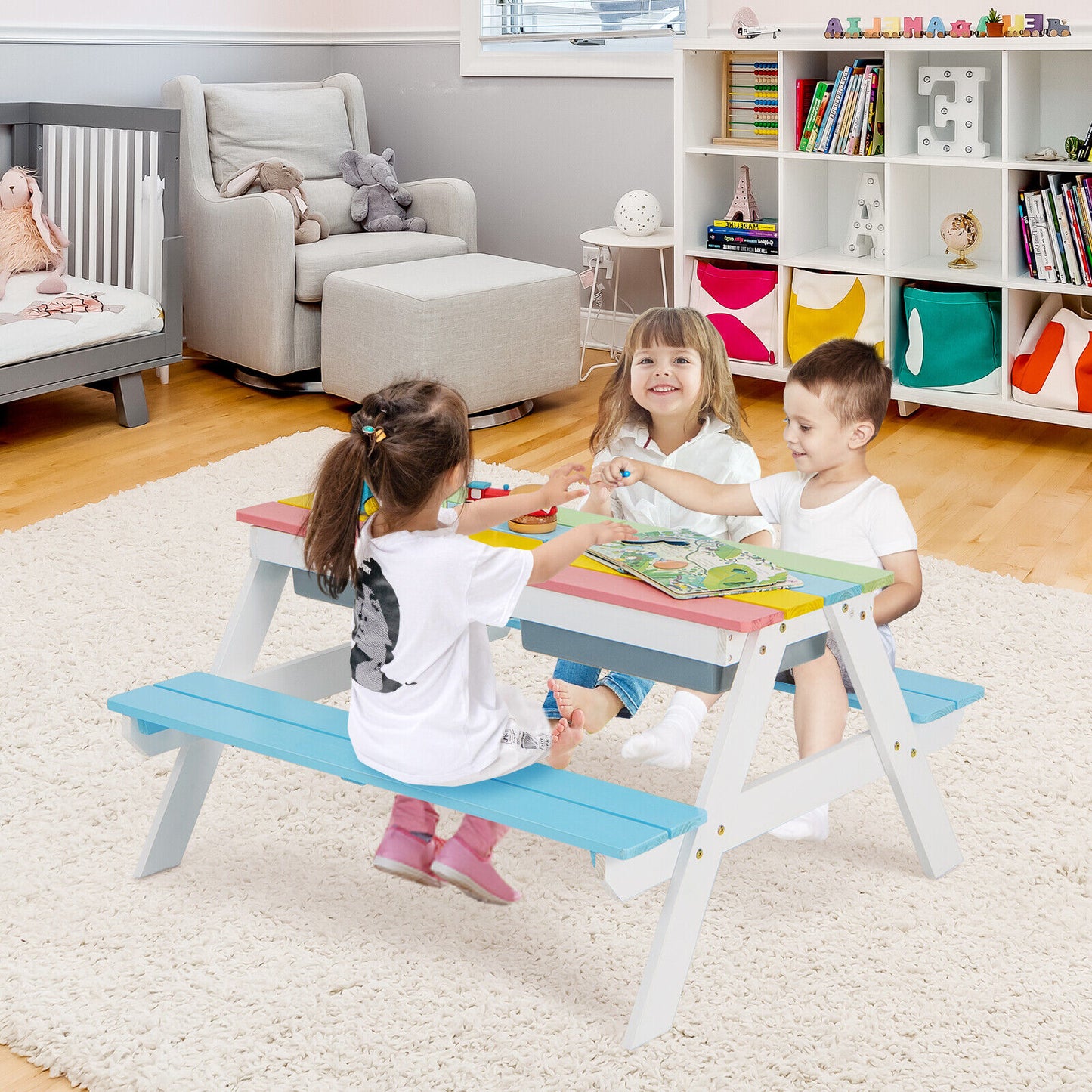 Kids Outdoor Picnic Table with Umbrella and Sand Water Play